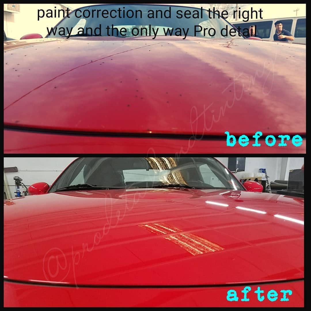Red hood before and after paint correction and sealant